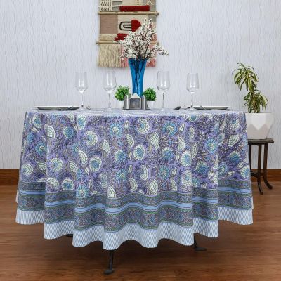 60 Inches Round Hand Block Printed Cotton Tablecloth, White Purple Floral Table Cloths Washable, Indian Table Linen for Valentine Gifts Home Decor Dinning Outdoor