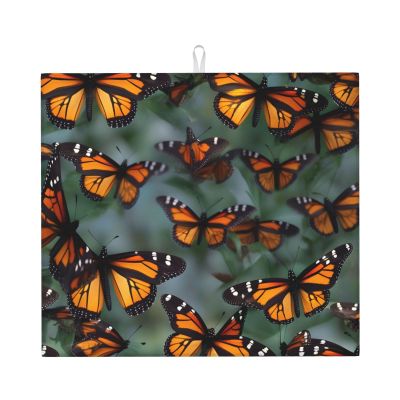 NOUZU Monarch Butterflies Print Dish Drying Mat, Microfiber Kitchen Counter Mat, Slip Resistant Dishwashing Mat 16x18in, Black