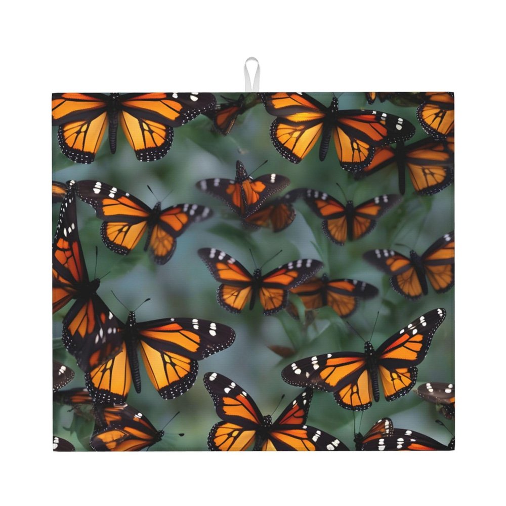NOUZU Monarch Butterflies Print Dish Drying Mat, Microfiber Kitchen Counter Mat, Slip Resistant Dishwashing Mat 16x18in, Black