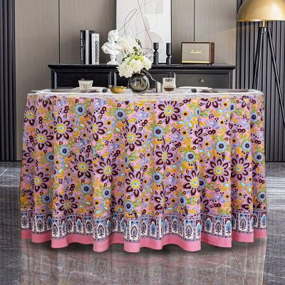90 Inches Round Hand Block Printed Cotton Tablecloth, Yellow Pink Floral Table Cloths Washable, Indian Table Linen for Valentine Gifts Home Decor Dinning Outdoor