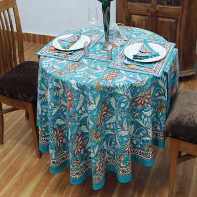 60 Inches Round Hand Block Printed Cotton Tablecloth, Blue White Floral Table Cloths Washable, Indian Table Linen for Valentine Gifts Home Decor Dinning Outdoor