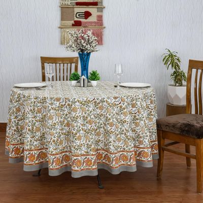 72 Inches Round Hand Block Printed Cotton Tablecloth, Green Yellow Floral Table Cloths Washable, Indian Table Linen for Valentine Gifts Home Decor Dinning Outdoor