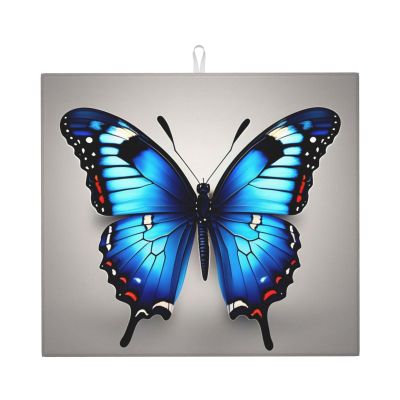 NOUZU Blue Butterfly Print Dish Drying Mat, Microfiber Kitchen Counter Mat, Slip Resistant Dishwashing Mat 16x18in, Black