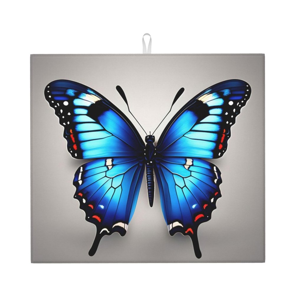NOUZU Blue Butterfly Print Dish Drying Mat, Microfiber Kitchen Counter Mat, Slip Resistant Dishwashing Mat 16x18in, Black