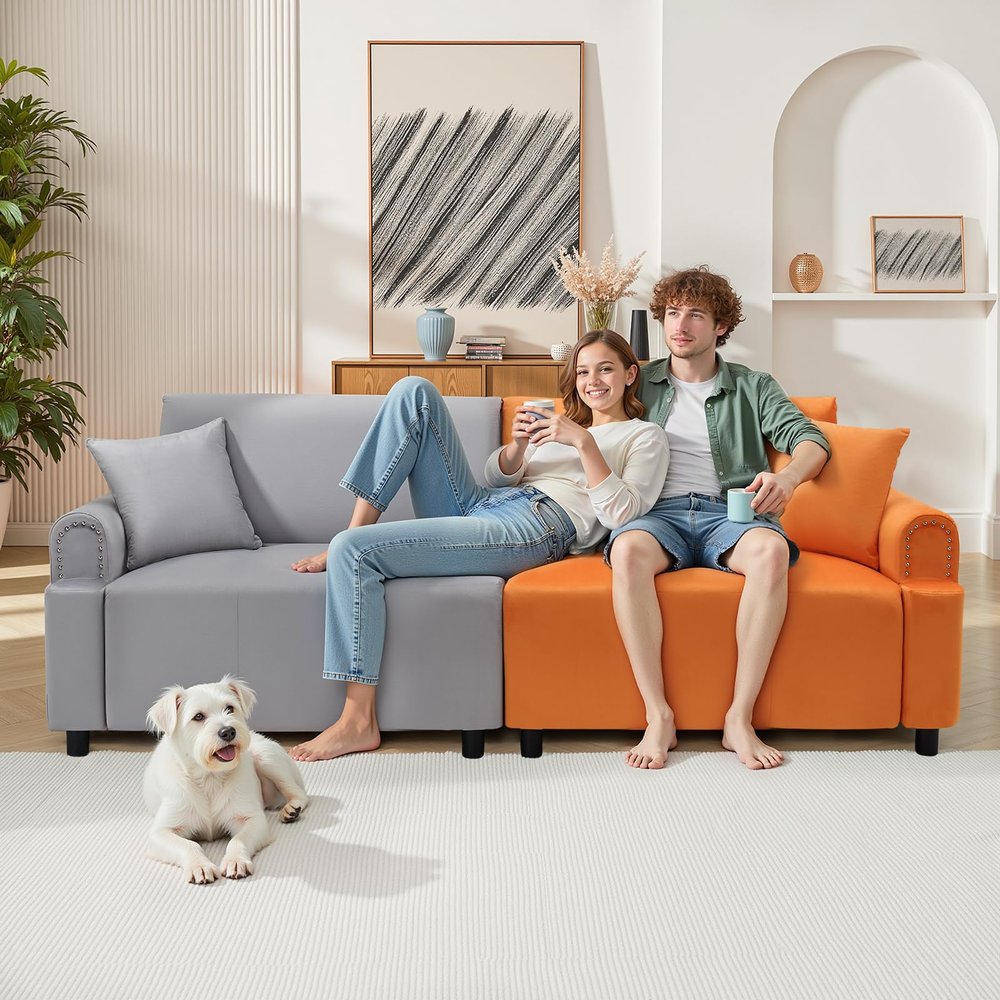 87" Modular Sectional Sofa,Loveseat Sofa Couch for Living Room with USB Type-C Ports,Upholstered Couches with Deep Seat, Velvet Sofa Sleeper, 3 Seater Couches for Living Room, Bedroom(Gray+ Orange)