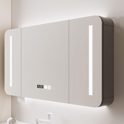 Bathroom vanity mirror with storage Rounded corners,Solid wood smart medicine cabinet with mirror and lights,LED Vanity Mirror Cabinet with Defogger,Clock and Temper Display,3 Color Light Dimmer(Gray,
