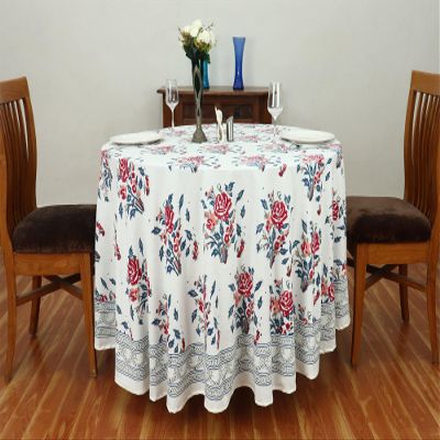 90 Inches Round Hand Block Printed Cotton Tablecloth, Red White Floral Table Cloths Washable, Indian Table Linen for Valentine Gifts Home Decor Dinning Outdoor
