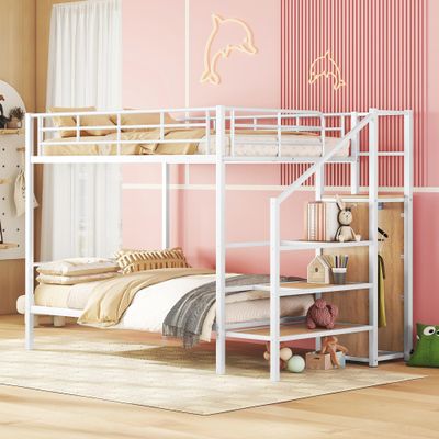 Bellemave Full Over Full Bunk BedBunk beds with Storage Stairs and Wardrobe, Bunk Bed for Adults/Kids/Teens, Bunk beds for School, Bedroom, White