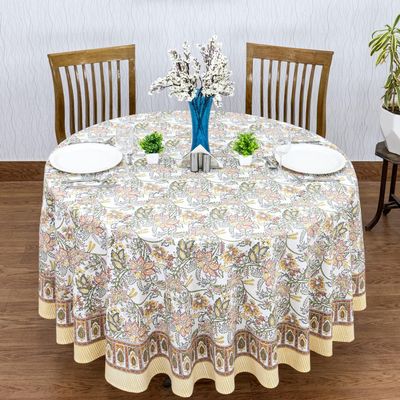 90 Inches Round Hand Block Printed Cotton Tablecloth, Yellow Green Floral Table Cloths Washable, Indian Table Linen for Christmas Thanksgiving Gifts Home Decor Dinning