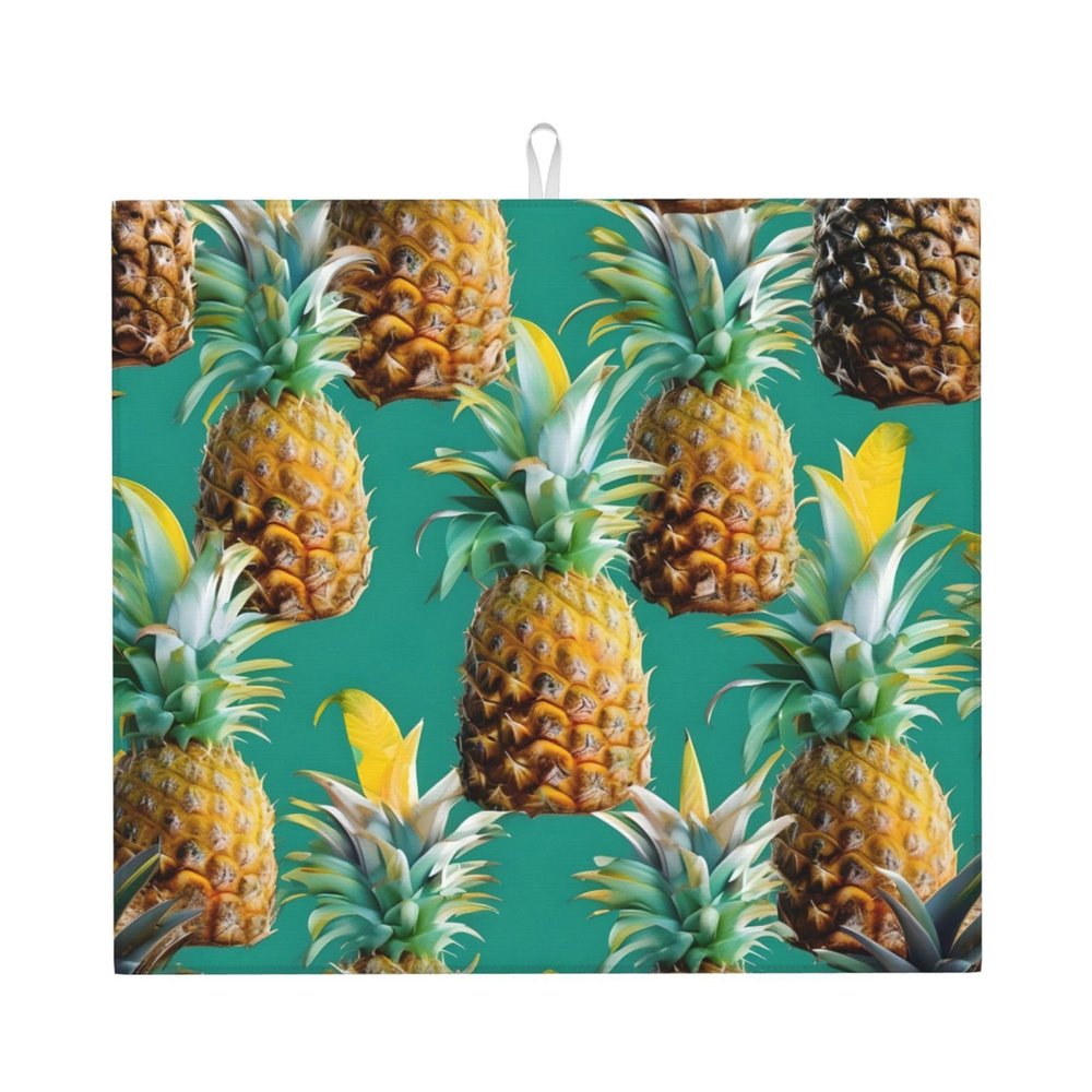 NOUZU Tropical Pineapple Hawaiian Print Dish Drying Mat, Microfiber Kitchen Counter Mat, Slip Resistant Dishwashing Mat 16x18in, Black
