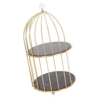 TYTOGE Double Layer Storage Shelf Bird Cage Organizer Display Rack for Bathroom Countertop Dressing Table Gold Frame (Black Base Gold Pattern)