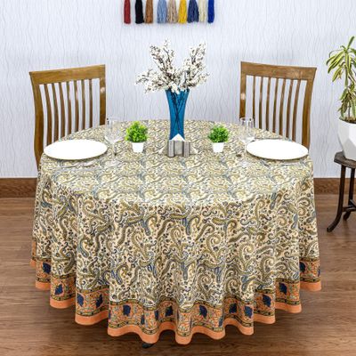 60 Inches Round Hand Block Printed Cotton Tablecloth, Orange Blue Floral Table Cloths Washable, Indian Table Linen for Dinning Home Decor Outdoor Thanksgiving