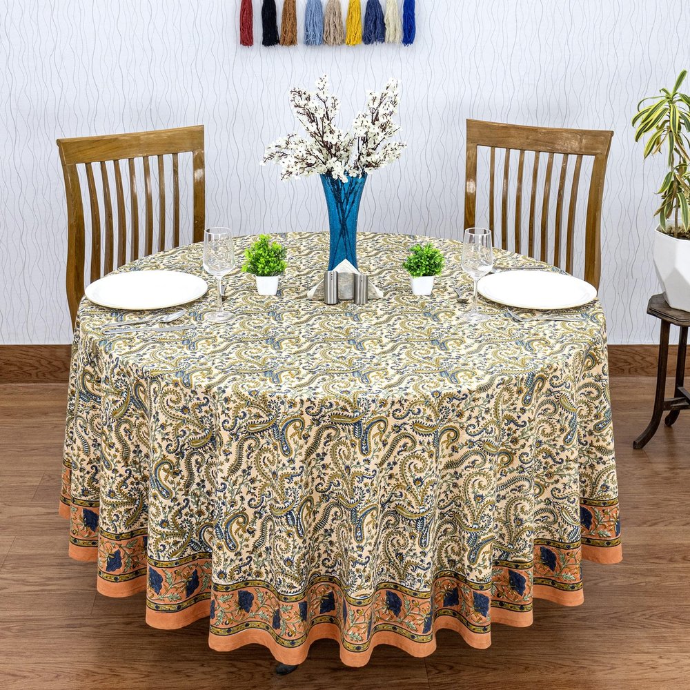 60 Inches Round Hand Block Printed Cotton Tablecloth, Orange Blue Floral Table Cloths Washable, Indian Table Linen for Dinning Home Decor Outdoor Thanksgiving