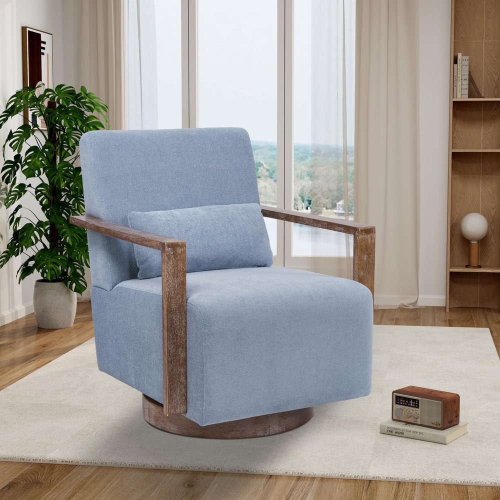 30.5" W Swivel Modern Fabric Upholstered Accent Chair with Solid Wood Armrests, Comfy Lounge Reading Chair, Side Armchair for Hotel Bedroom Living Room Office Nursery Room (Blue Linen)