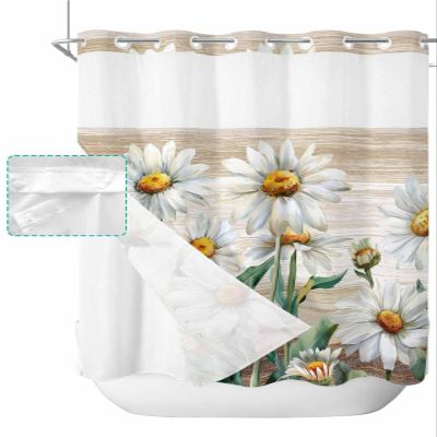 Botanical No Hook Shower Curtain with Snap in Liner Waterproof Fabric Shower Curtain Set for Bathroom Spring White Daisy Floral Wood Grain Brown Shower Curtain with See Through Top Window 72"x72"