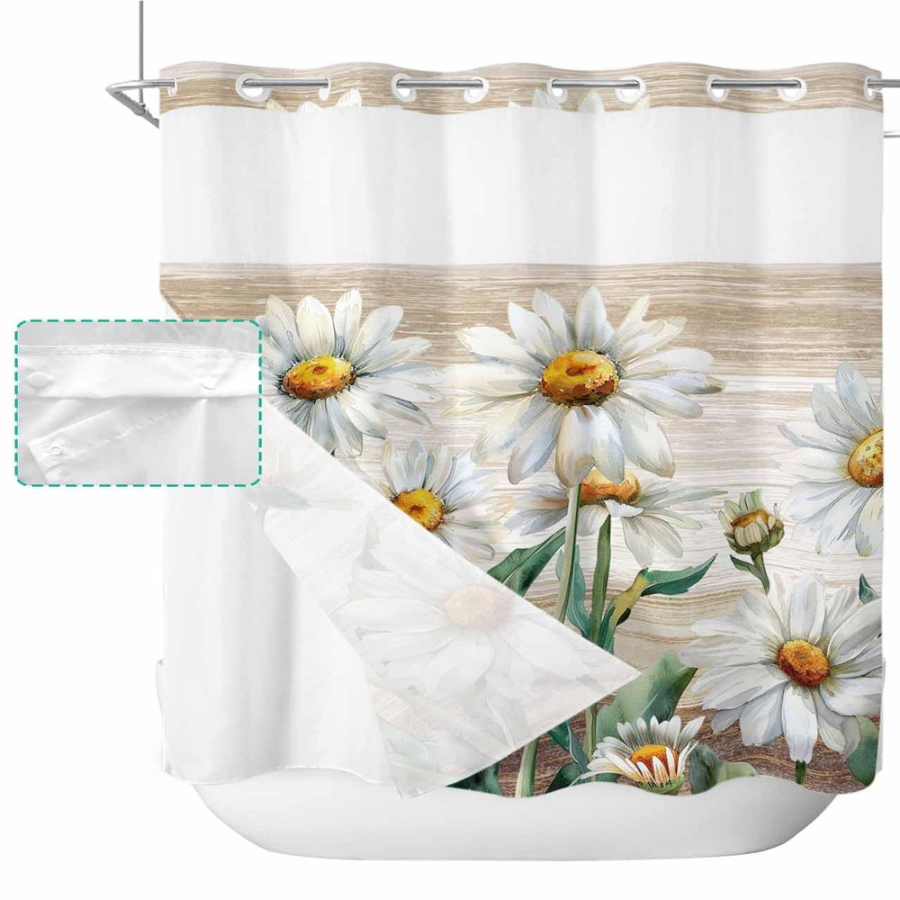 Botanical No Hook Shower Curtain with Snap in Liner Waterproof Fabric Shower Curtain Set for Bathroom Spring White Daisy Floral Wood Grain Brown Shower Curtain with See Through Top Window 72"x72"