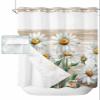 Botanical No Hook Shower Curtain with Snap in Liner Waterproof Fabric Shower Curtain Set for Bathroom Spring White Daisy Floral Wood Grain Brown Shower Curtain with See Through Top Window 72"x72" view 1