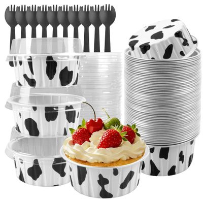50-Pack 5oz Round Disposable Aluminum Foil Baking Cups, Mini Cake Pans with Lids, Muffin Tin Ramekins for Weddings & Parties-Cowprint