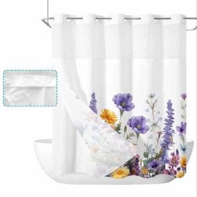 Botanical No Hook Shower Curtain with Snap in Liner Waterproof Fabric Shower Curtain Set for Bathroom Watercolor Daisy Lavender Flowers White Shower Curtain with See Through Top Window 72"x84"