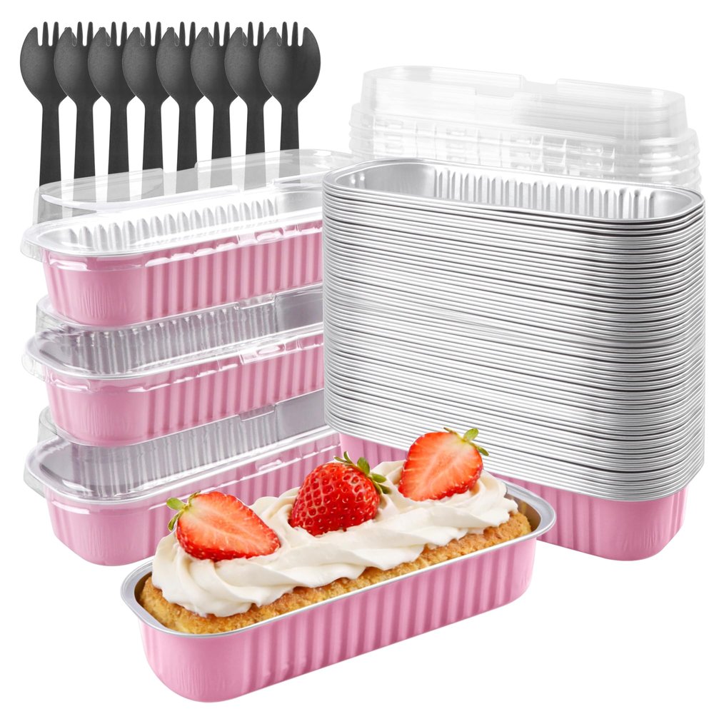 50-Pack 6.8oz Rectangular Aluminum Foil Baking Pans - Disposable Mini Cake Pans with Lids, Cheesecake & Bread-Pink