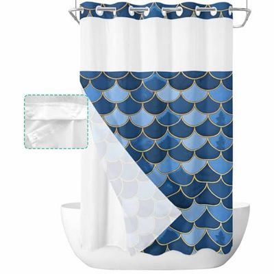 FishScales No Hook Shower Curtain with Snap in Liner Waterproof Fabric Shower Curtain Set for Bathroom Ombre Blue Fish Scales Watercolor Art Print Shower Curtain with See Through Top Window 36"x72"