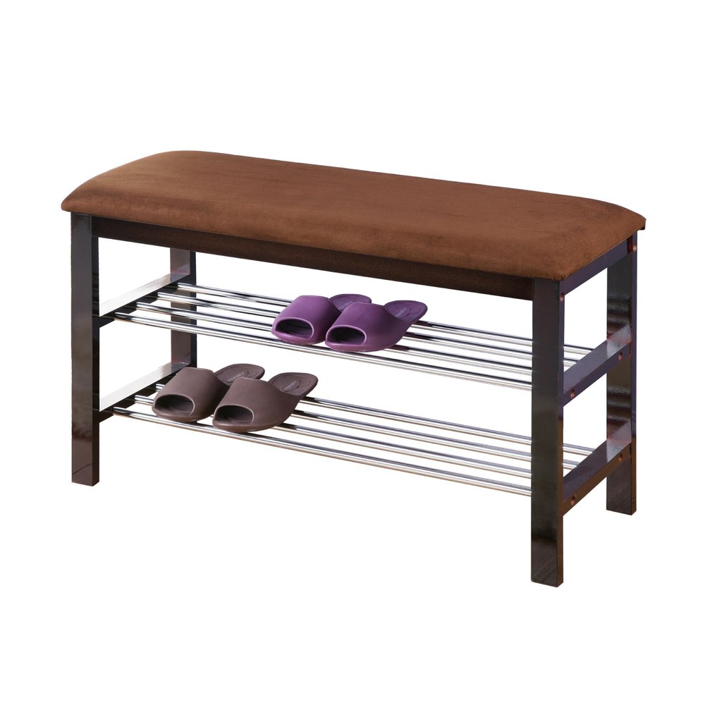 Donext 2-Tier Wood Entryway Shoe Rack with Cushioned Seat, Shoe Bench for Entry, 2 Shelves Storage Bench w/Faux Leather Top Bed Bench, Brown