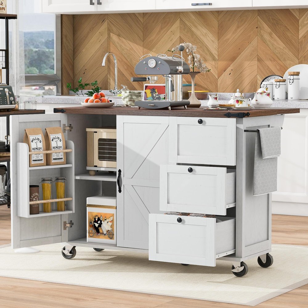 Merax 54.5" Wood Kitchen Cart Island on Wheels with Power Outlet,Drop Leaf and 3 Side Drawers,Farmhouse Style Storage Cabinet for Dining Room