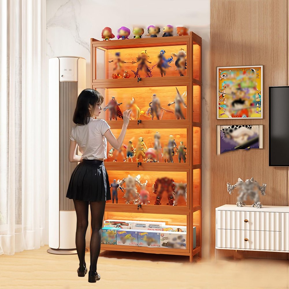 Flip Door Cabinet Display Shelf Display Case with Acrylic Cabinet Door Modern Minimalist Bamboo Storage With Acrylic Cabinet Cabinet Doorsealed Dustproof Easy To Clean(Brown,6F-50x32.4x171cm/19.7x12.8