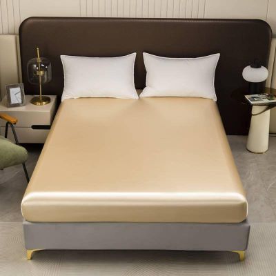 FCLDESHOP Queen Fitted Sheet,Solid Color Satin Polyester Fiber Bed Sheet, Bed Cover Fitted Sheet Suitable for 12"/30cm Deep Mattress,Khaki,Queen 153 * 203cm+30cm (1pcs)