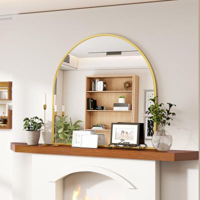 VooBang Wide Arched Wall Mirror, 31 x 32 inch Arch Bathroom Mirror, Wall Mounted Vanity Mirror with Arch Metal Frame, Modern Bathroom Vanity Mirror for Bedroom, Living Room, Hanging or Leaning, Gold