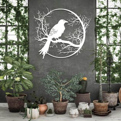 LARNT Raven on the Branch Metal Wall Art, Crow Wall Decor, Tree Branch Sign, Raven Wall Hanging, Metal Birds Outdoor Decor, Gothic Art, Farmhouse Wall Decor (White, 17"x19"|42x47cm)