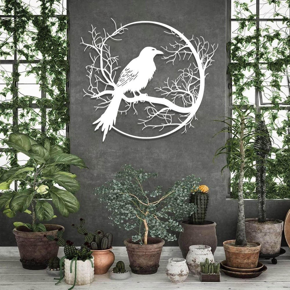 LARNT Raven on the Branch Metal Wall Art, Crow Wall Decor, Tree Branch Sign, Raven Wall Hanging, Metal Birds Outdoor Decor, Gothic Art, Farmhouse Wall Decor (White, 17"x19"|42x47cm)