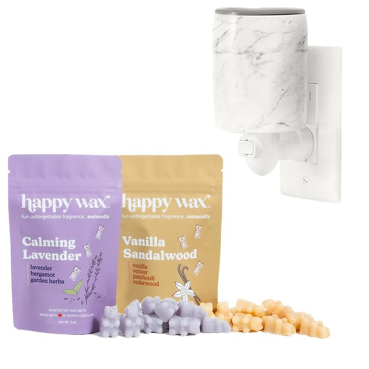 Happy Wax Outlet Warmer w/4oz Collection Pack of Scented Wax - Compact Wall Plug in Wax Melt Warmer w/Collection Pack of 2 2oz Scented Soy Wax Melts (Marble