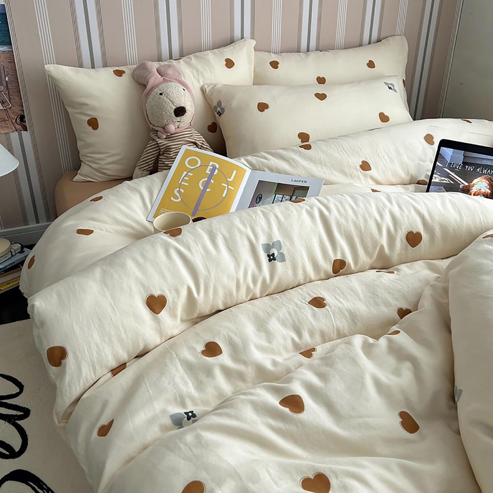 4 Piece Sheets Set Queen Size, Extra Soft Breathable 100% Cotton Bedding Set Double Yarn Twill Duvet Cover Set, All Season with Comforter Set, Sheet,Pillowcase,Brown,Twin XL