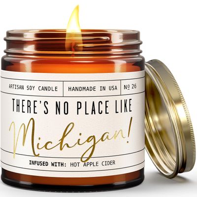 Michigan Gifts, Michigan Decor for Home - 'There's No Place Like Michigan Candle, w/Hot Apple Cider I Michigan Souvenirs I Michigan State Gifts I 9oz Jar, 50Hr Burn, USA Made