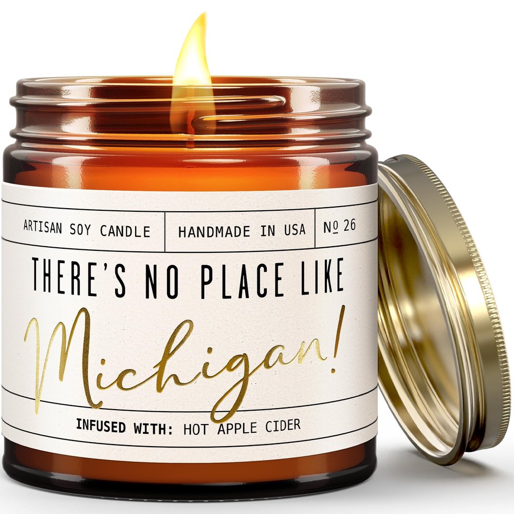 Michigan Gifts, Michigan Decor for Home - 'There's No Place Like Michigan Candle, w/Hot Apple Cider I Michigan Souvenirs I Michigan State Gifts I 9oz Jar, 50Hr Burn, USA Made