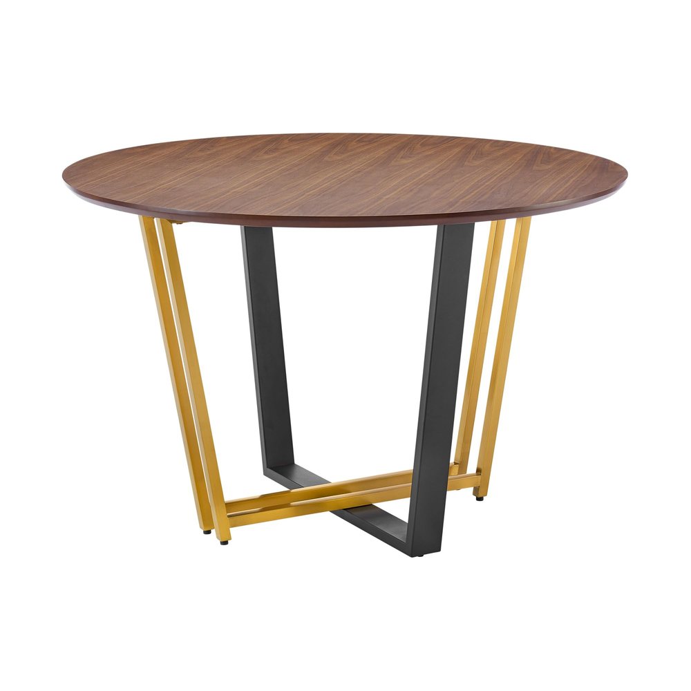 Armen Living Joana 48" Round Dining Table in Gold Stainless Steel and Black Iron Base with Walnut Tabletop