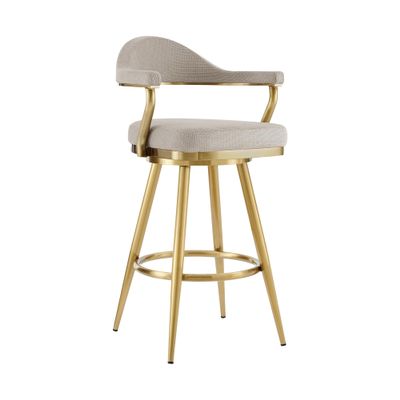 Armen Living Justin Modern Farmhouse 30" Seat Height Swivel Bar Stool with Taupe Fabric and Gold Brushed Stainless Steel Legs for Kitchen Island Counter