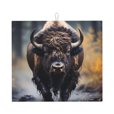 WZYWHJ North American bison Pattern Drying Mat for Kitchen : Made of sponge Water absorbent, With lanyard for hanging 18 x 16 in