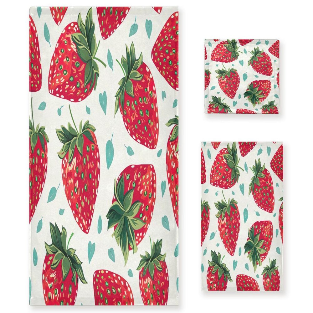 Haskirky Cute Strawberry 3 Piece Towel Set,Absorbent Soft Bath Towel Quick Dry Light Weight Hand and Washcloth Set for Gym Bathing Home Shower