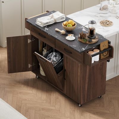 BestLM Mobile Kitchen Island with Trash Can Storage Cabinet, Tilt Out Trash Kitchen Island Cart with Drop Leaf, Spice Rack, Towel Rack, Drawers, and Adjustable Shelf, Walnut Brown