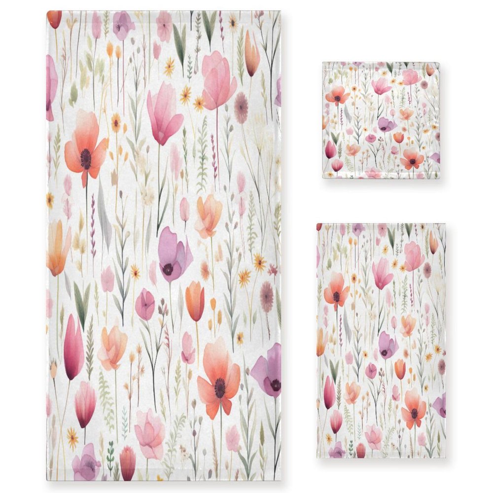 Haskirky Watercolor Flowers 3 Piece Towel Set,Absorbent Soft Bath Towel Quick Dry Light Weight Hand and Washcloth Set for Gym Bathing Home Shower