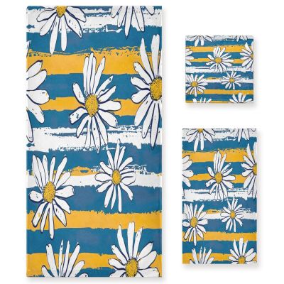 Haskirky Cute Daisy Striped Background 3 Piece Towel Set,Absorbent Soft Bath Towel Quick Dry Light Weight Hand and Washcloth Set for Gym Bathing Home Shower
