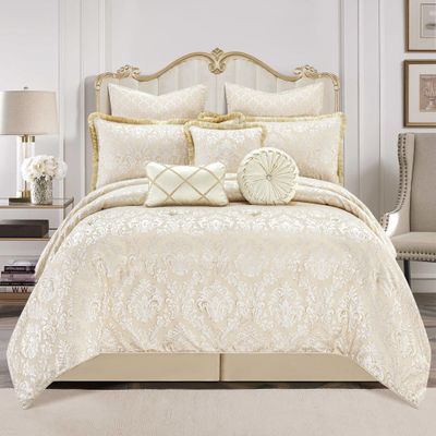 Loom and Mill 9-Piece Elegant Damask Comforter Sets Jacquard Medallion Design, Ultra Soft Floral Bedding with Euro Shams, Bedskirt, Filled Decorative Pillow for Home (Beige White, King)