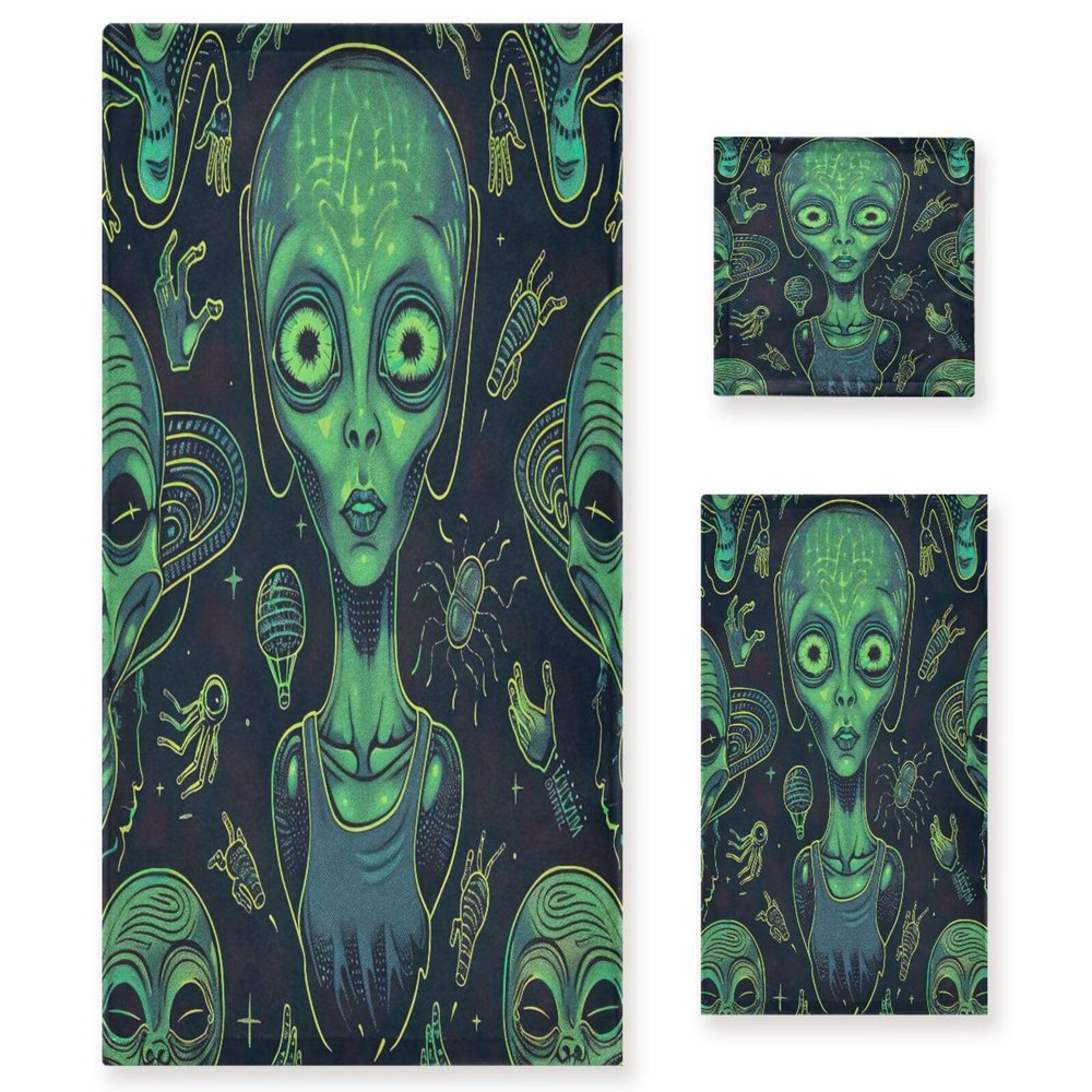 Haskirky Cute Aliens 3 Piece Towel Set,Absorbent Soft Bath Towel Quick Dry Light Weight Hand and Washcloth Set for Gym Bathing Home Shower