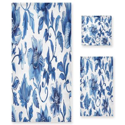 Haskirky Blue Flowers 3 Piece Towel Set,Absorbent Soft Bath Towel Quick Dry Light Weight Hand and Washcloth Set for Gym Bathing Home Shower