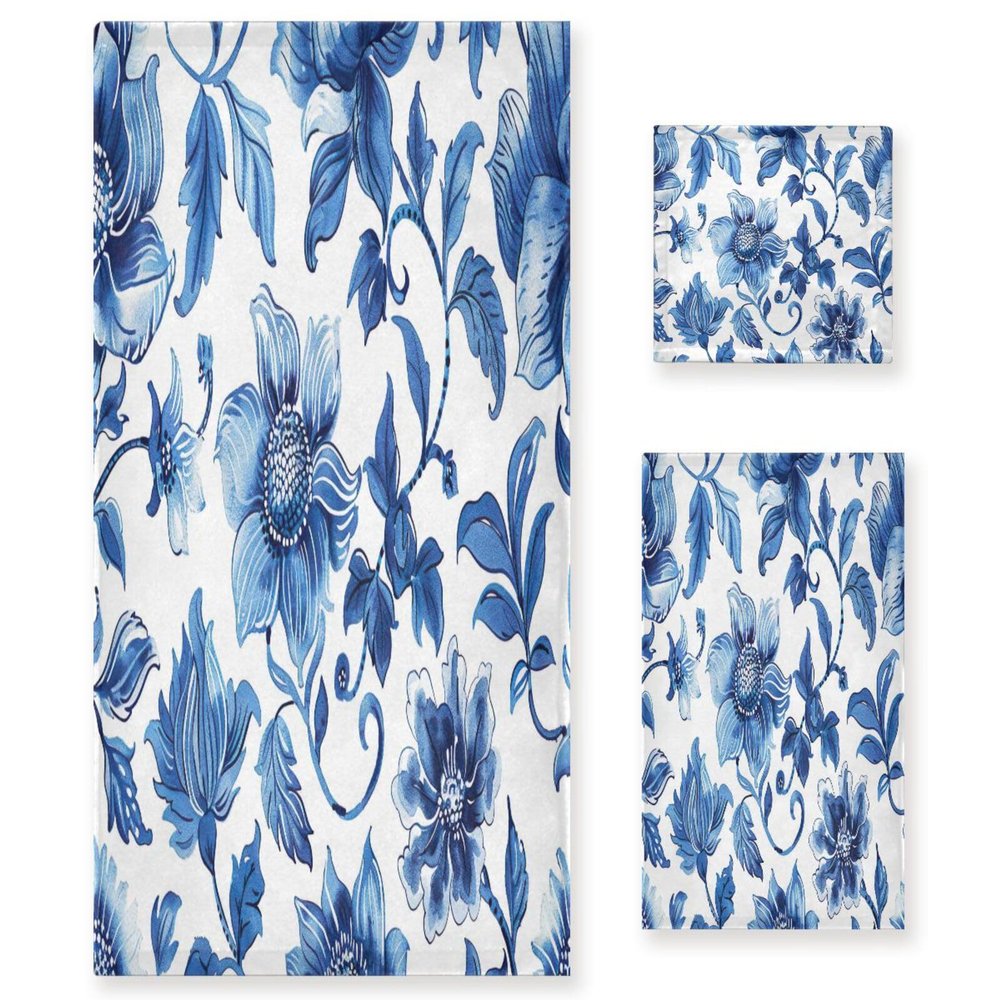 Haskirky Blue Flowers 3 Piece Towel Set,Absorbent Soft Bath Towel Quick Dry Light Weight Hand and Washcloth Set for Gym Bathing Home Shower