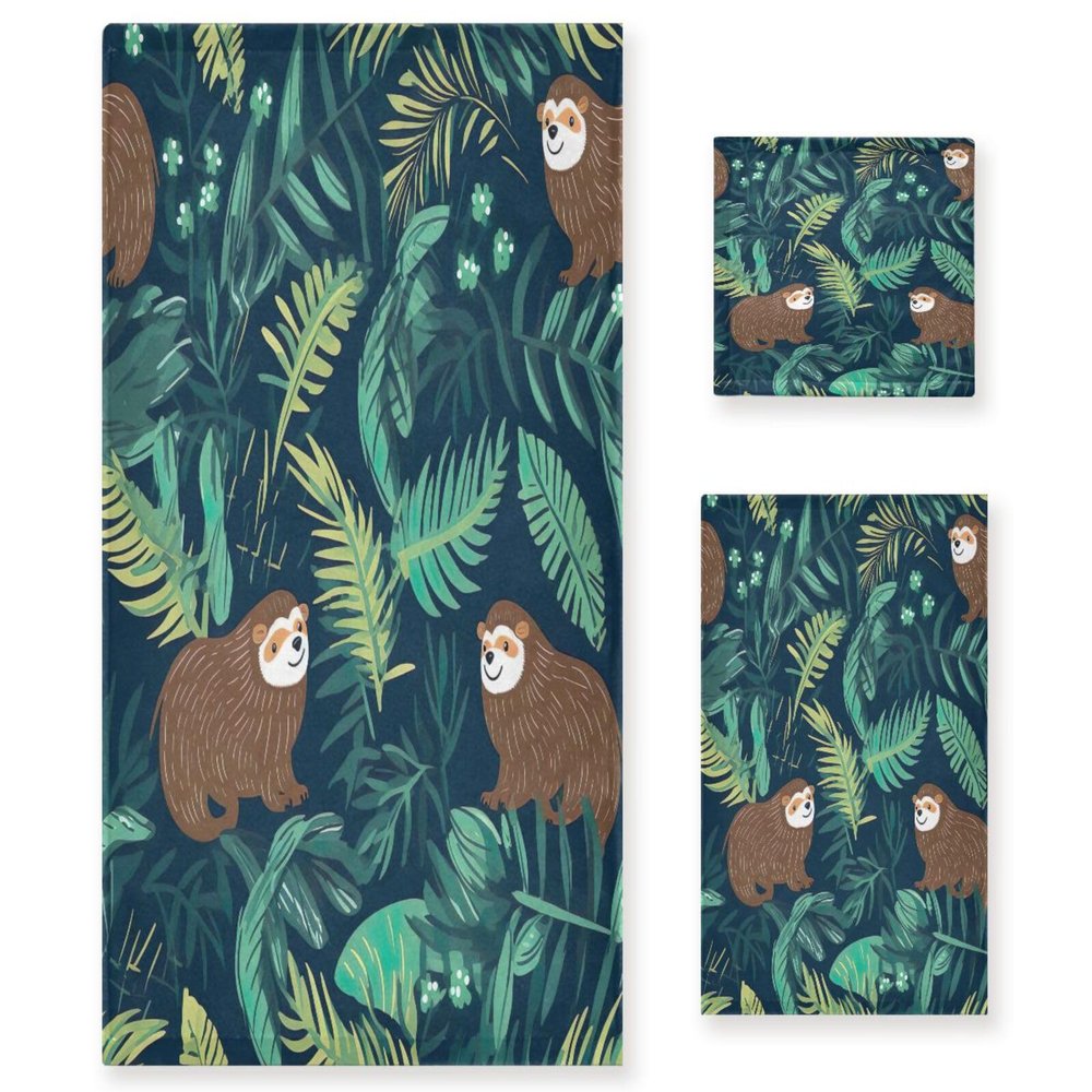 Haskirky Sloth Palm 3 Piece Towel Set,Absorbent Soft Bath Towel Quick Dry Light Weight Hand and Washcloth Set for Gym Bathing Home Shower