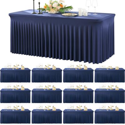 12 Pack Navy Blue Spandex Tablecloth for 6 Foot Rectangle Tables, Wrinkle Free Fitted Table Cloth Cover 6ft Blue Stretchy Tablecloths with Skirt for Parties Weddings Birthday Banquet Baby Shower