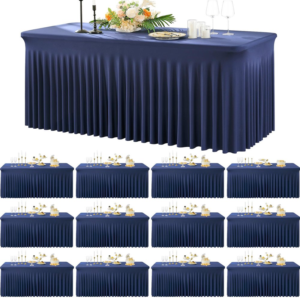 12 Pack Navy Blue Spandex Tablecloth for 6 Foot Rectangle Tables, Wrinkle Free Fitted Table Cloth Cover 6ft Blue Stretchy Tablecloths with Skirt for Parties Weddings Birthday Banquet Baby Shower
